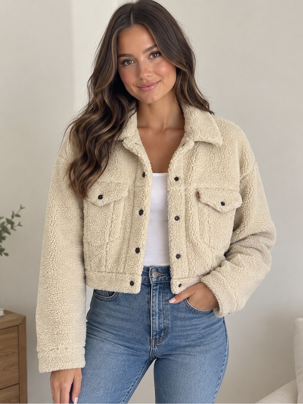Levi’s Cropped Sherpa Button-Front Jacket in Cream